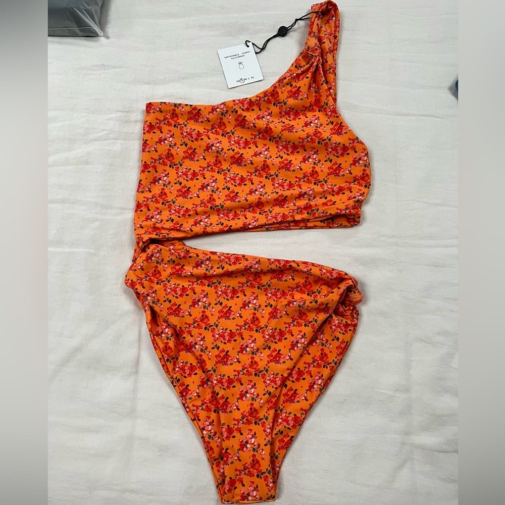 Skatie Orange Floral One-Shoulder One Piece